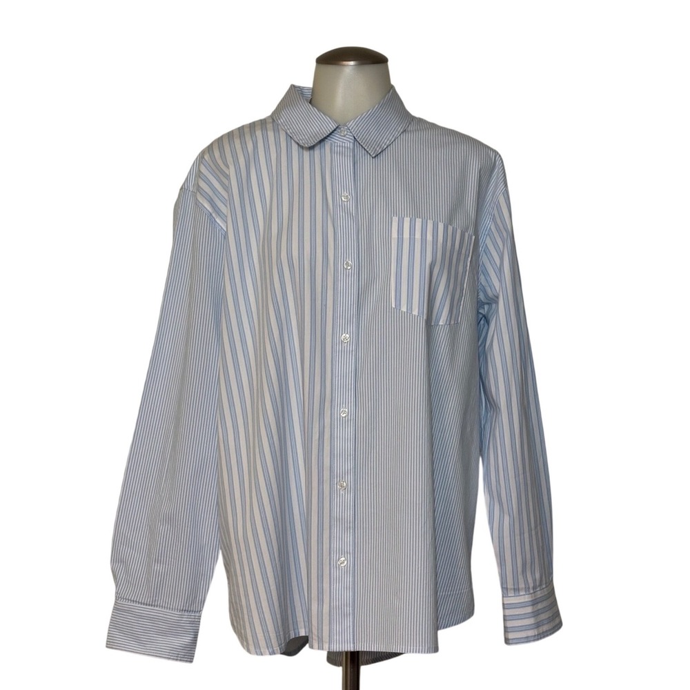 Crown & Ivy Striped Button Down Women XL Blue Boyfriend Fit Long Sleeve NEW